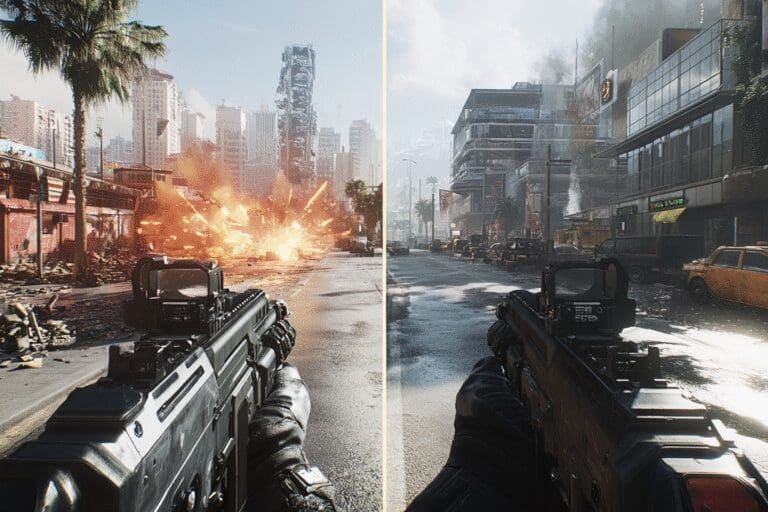 A split-screen comparison showing a blurry low-FPS video game scene on one side and a sharp high-FPS scene on the other demonstrating the effect of RAM