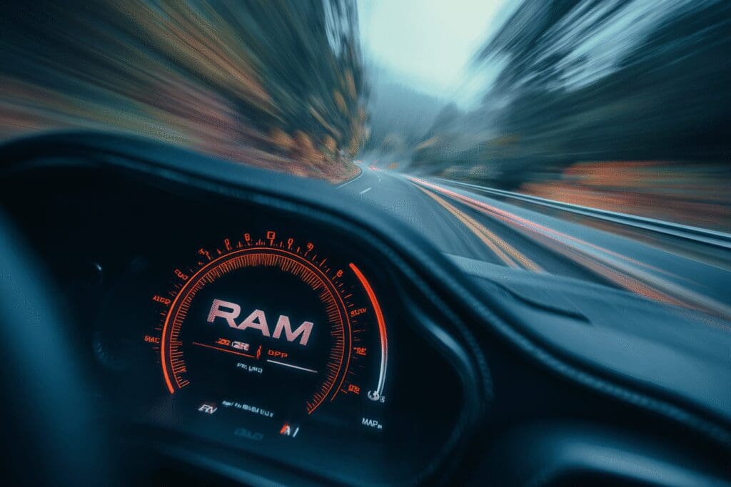 A sports car with a full RAM gauge moving at high speed showing how does RAM affect gaming