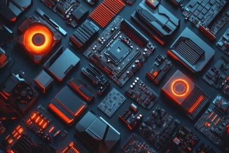 A top-down view of gaming PC components laid out on a surface each with a glowing price tag illustrating the cost of building a PC in 2025