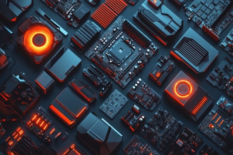 A top-down view of gaming PC components laid out on a surface each with a glowing price tag illustrating the cost of building a PC in 2025