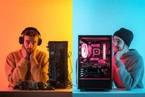 A two-panel image showing a person first looking confused by PC parts and then looking happy and confident next to their completed computer