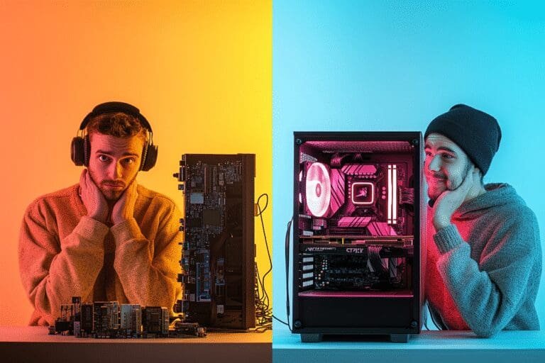 A two-panel image showing a person first looking confused by PC parts and then looking happy and confident next to their completed computer
