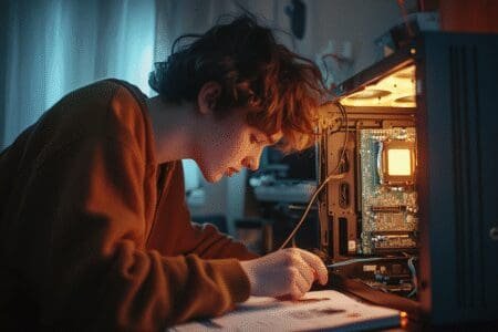 A young person with a focused expression carefully connects a cable inside a PC case with an instruction manual and parts laid out on the desk beside them