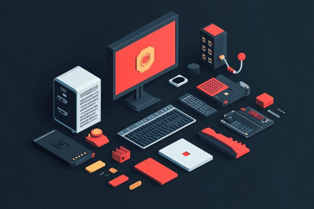 An illustration of computer components stylized as simple building blocks being easily snapped together to form a PC representing a simple guide for beginners
