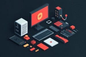 An illustration of computer components stylized as simple building blocks being easily snapped together to form a PC representing a simple guide for beginners