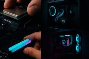 Animation of a gaming PC being assembled, which powers on to reveal a glowing cyan and magenta interior through its glass pane