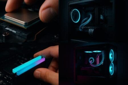 Animation of a gaming PC being assembled, which powers on to reveal a glowing cyan and magenta interior through its glass pane