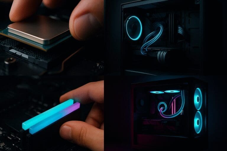 Animation of a gaming PC being assembled, which powers on to reveal a glowing cyan and magenta interior through its glass pane