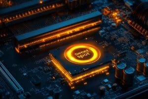 sticks of computer RAM are centered perfectly on a glowing golden bullseye representing the sweet spot for gaming