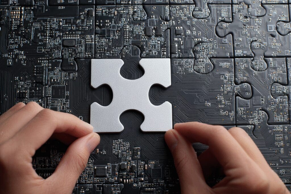 A GPU-shaped puzzle piece fitting into a motherboard puzzle answering the FAQ on how to install a graphics card