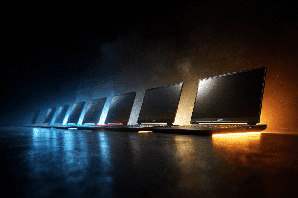 A Lenovo laptop glowing brighter than other brands in a lineup answering the FAQ does Lenovo have the best gaming laptop