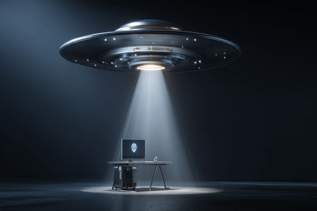 A UFO delivering a gaming PC a metaphor for the FAQ is Dell Alienware good for gaming
