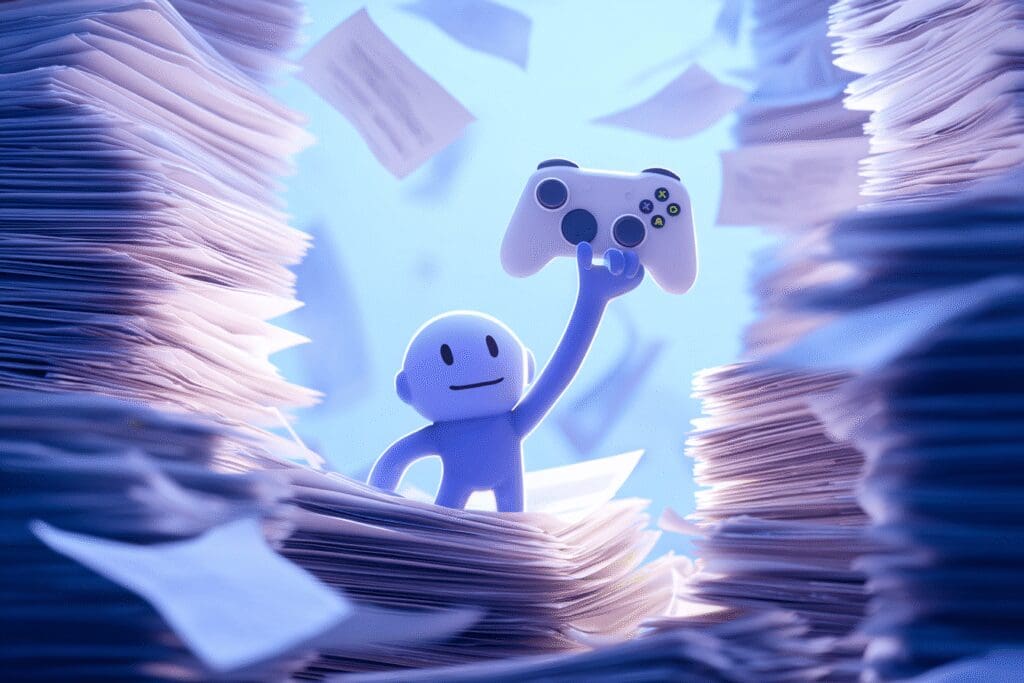 A Windows character choosing a game controller over paperwork illustrating the FAQ on how to optimize Windows 11 for gaming