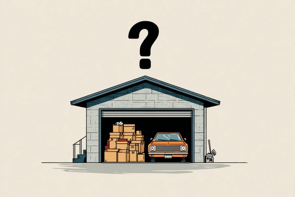A full one-car garage with a question mark illustrating the FAQ is 1TB enough for gaming
