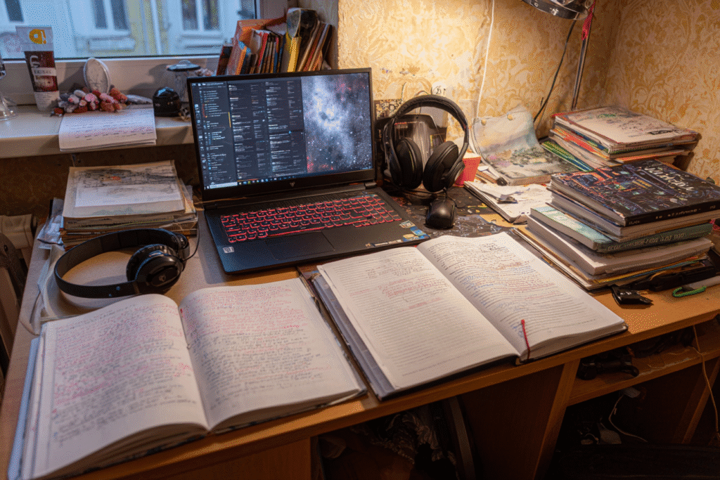 A gaming laptop on a students study desk illustrating the answer to the FAQ are gaming laptops good for school