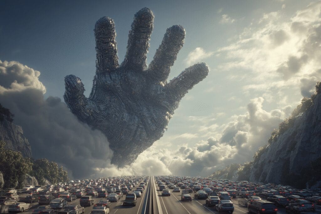 A hand creating a superhighway to bypass traffic a guide for the FAQ on how to improve download speed on PC