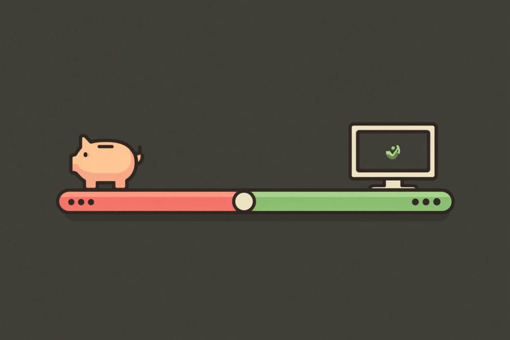A progress bar from a piggy bank to a gaming PC explaining the FAQ on rent to own gaming PC