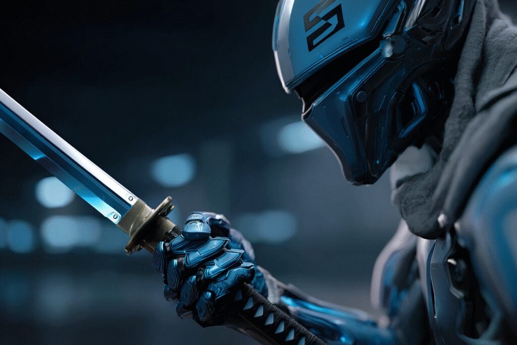 A samurai holding a katana with a laptop hilt answering the FAQ on what is the best ASUS gaming laptop