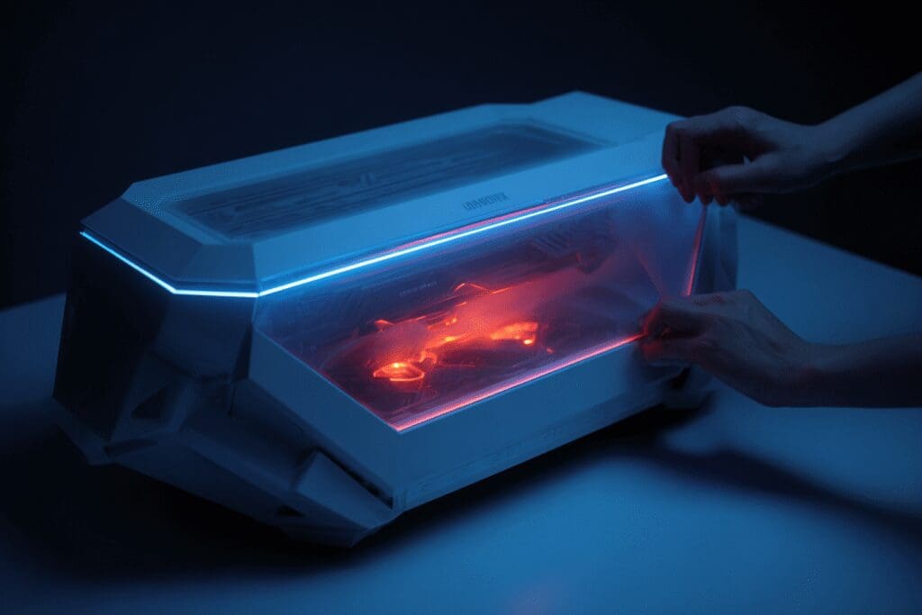 A treasure chest revealing a glowing red GPU a visual metaphor for the FAQ on what graphics card does the PS5 have