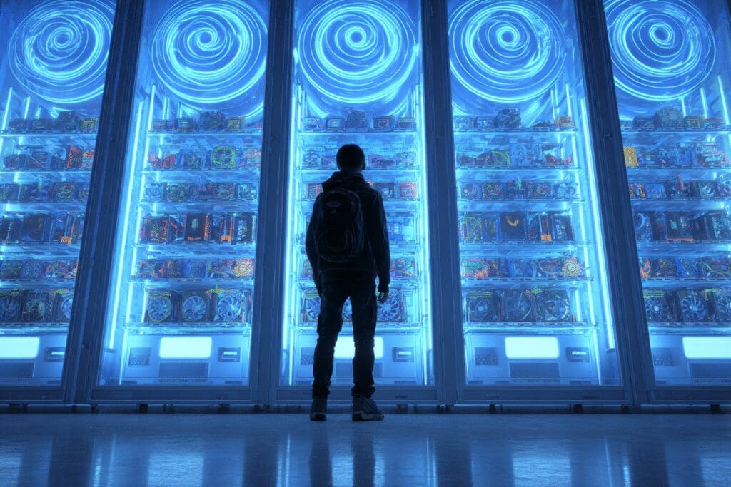 A vending machine full of gaming PCs illustrating the answer to the FAQ on where to buy a prebuilt gaming PC