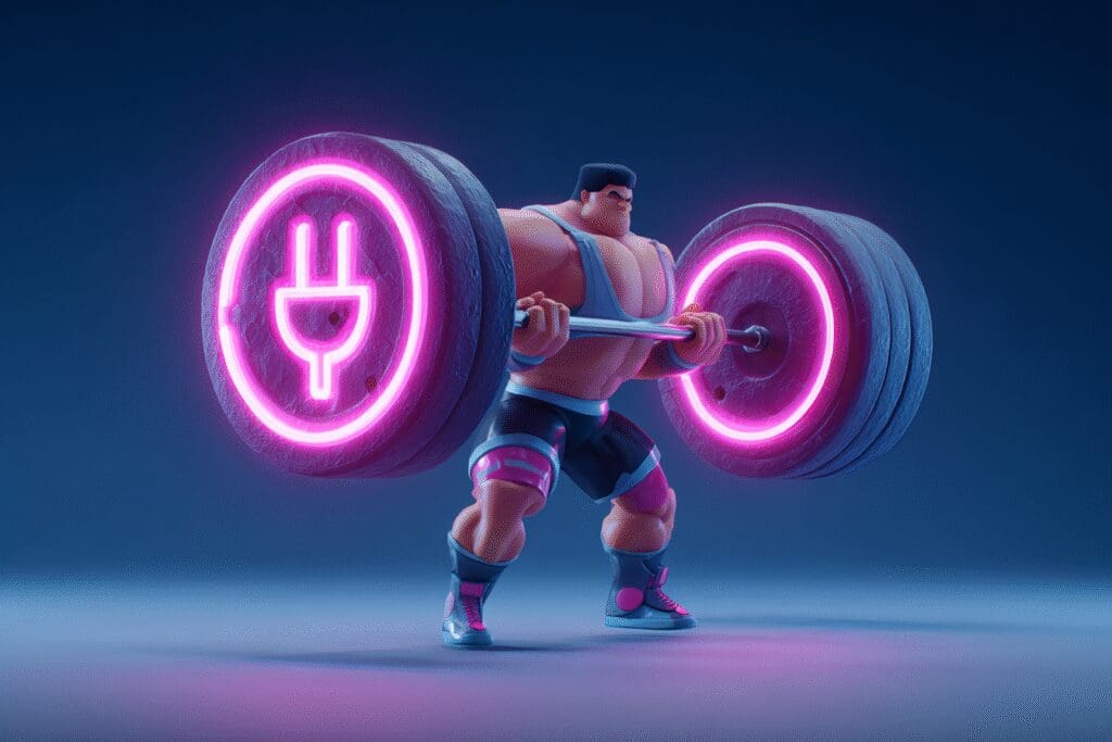 A weightlifter lifting a barbell of electricity plugs illustrating the answer to the FAQ on how much power does a gaming PC use