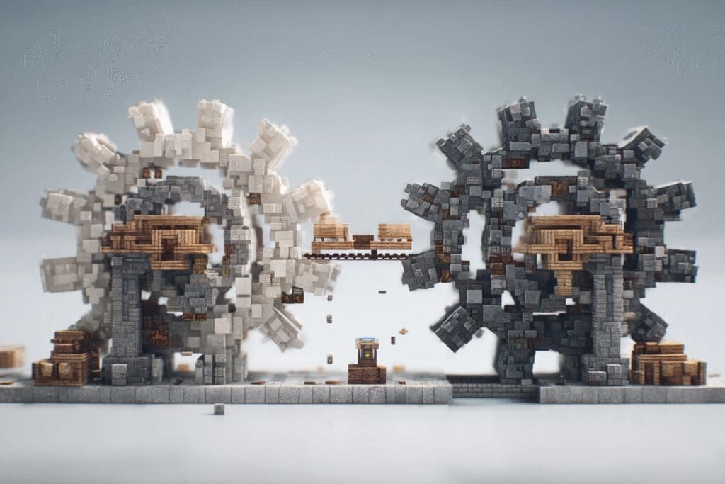 Blocky gears being synchronized a visual for the FAQ on what is VSync in Minecraft