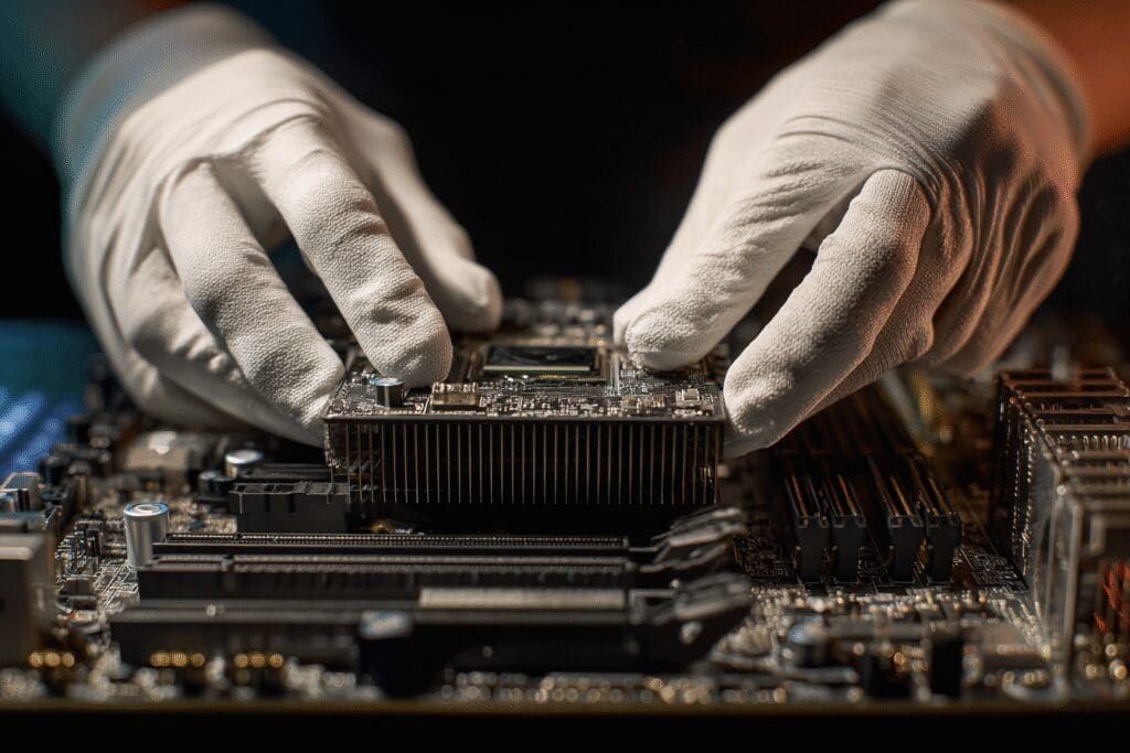 Hands carefully lifting a GPU out of a motherboard answering the FAQ on how to remove a graphics card