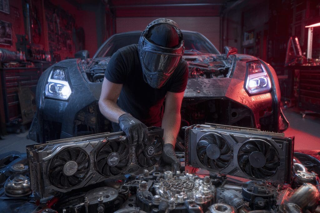 Swapping a GPU like a car engine illustrating the answer to the FAQ on how to change a graphics card