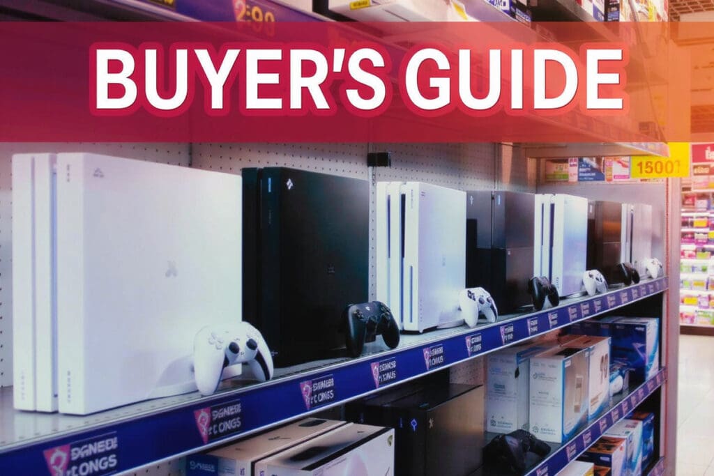 a brightly lit retail display of the latest gaming consoles for a buyers guide