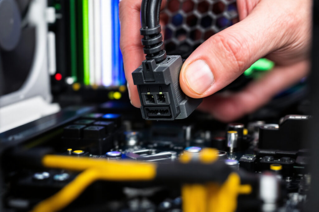 a close-up of hands connecting the main psu cable to the motherboard a key step in how to install a power supply unit