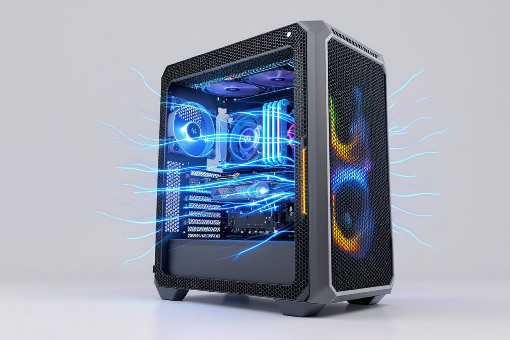 a futuristic pc case with intricate mesh panels and glowing airflow arrows representing what is the best pc case for airflow