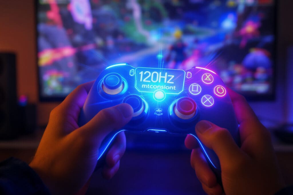 a glowing console controller with a blurred game in the background representing 120hz as the console gaming sweet spot