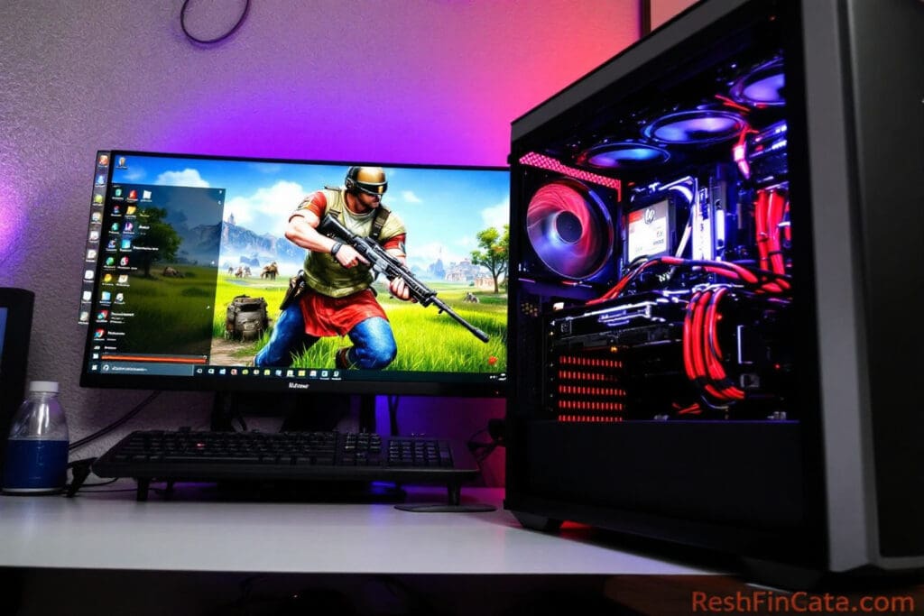 a mid-range gaming pc shown running a demanding game smoothly powered by a visible 650w psu illustrating its capability for gaming