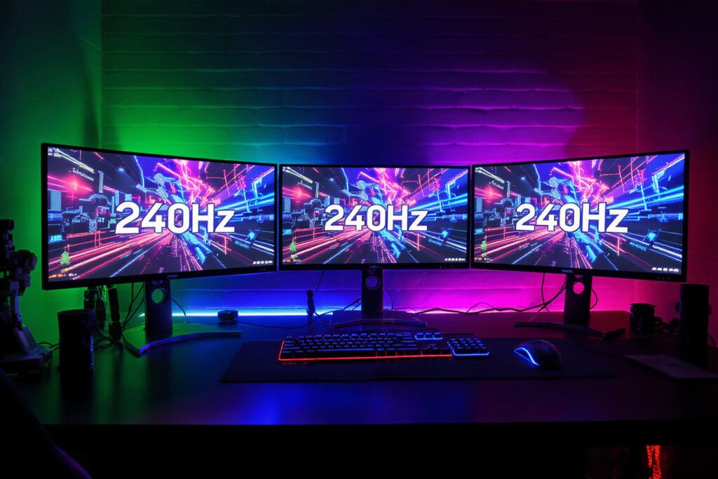 a multi-monitor esports team setup with vibrant rgb lighting showing 240hz as the ultimate esports choice