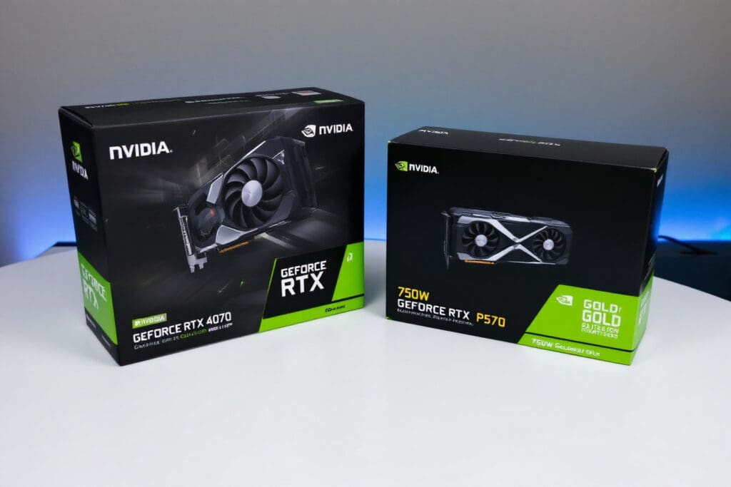 a new rtx 4070 graphics card box next to a new 750w psu box showing the best power supply for an rtx 4070