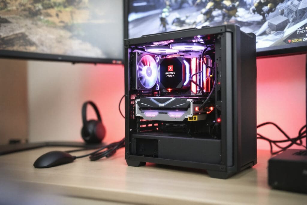 a pc build with a 700w psu the best power supply for an amd radeon rx 7700 xt shown running a game