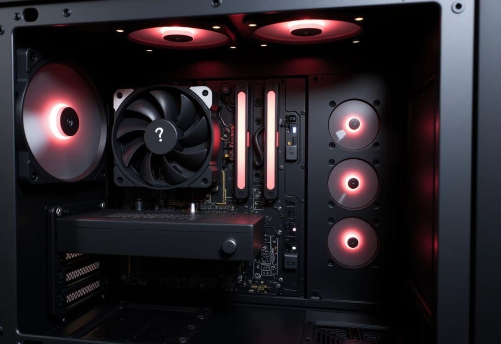 a pc case filled with glowing question mark fan cutouts asking how many case fans do i need for a gaming pc