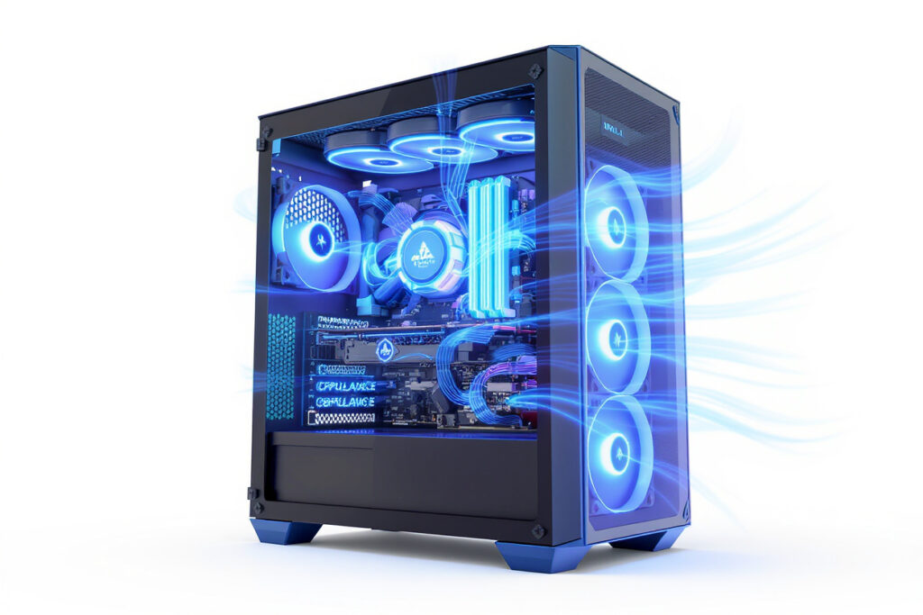 a pc case with glowing blue components and unimpeded airflow representing what is the best pc case for airflow