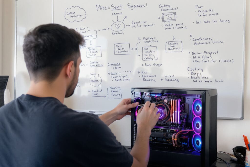 a person with a chosen pc case and design ideas on a whiteboard demonstrating how to choose a pc case for your gaming build