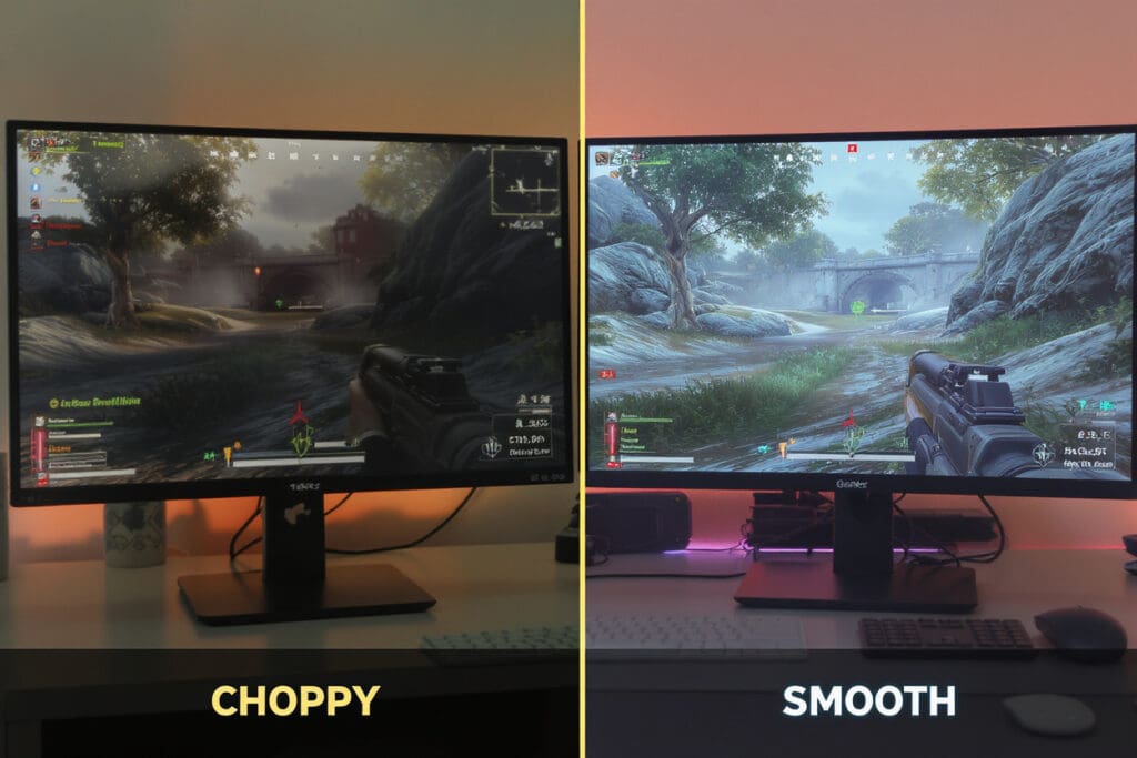 a side-by-side comparison of choppy vs smooth gameplay representing the 144hz pc gaming gold standard
