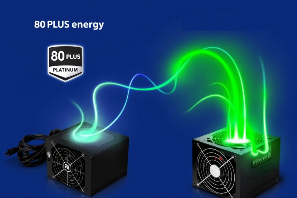 a visual comparison showing an efficient 80+ psu versus an inefficient generic one explaining the 80+ psu rating