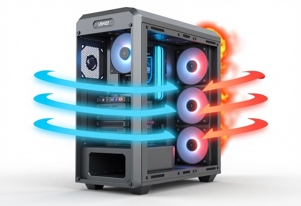 a visual of optimized upward airflow in a pc case showing what is the best pc case fan setup for airflow