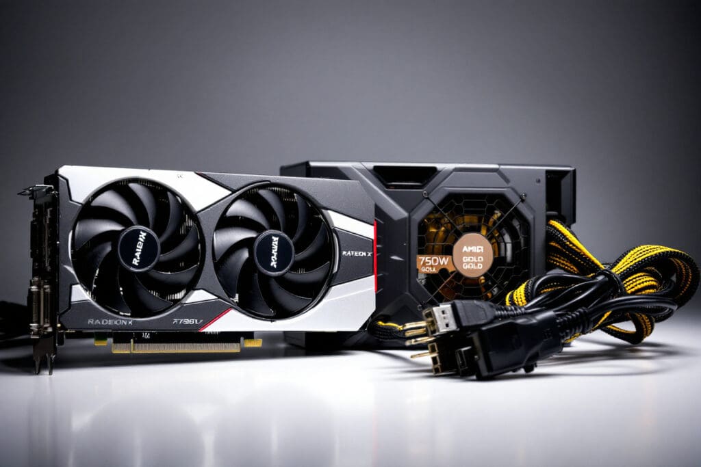 an amd radeon rx 7800 xt and a 750w psu with its cables showing the best power supply for an amd radeon rx 7800 xt