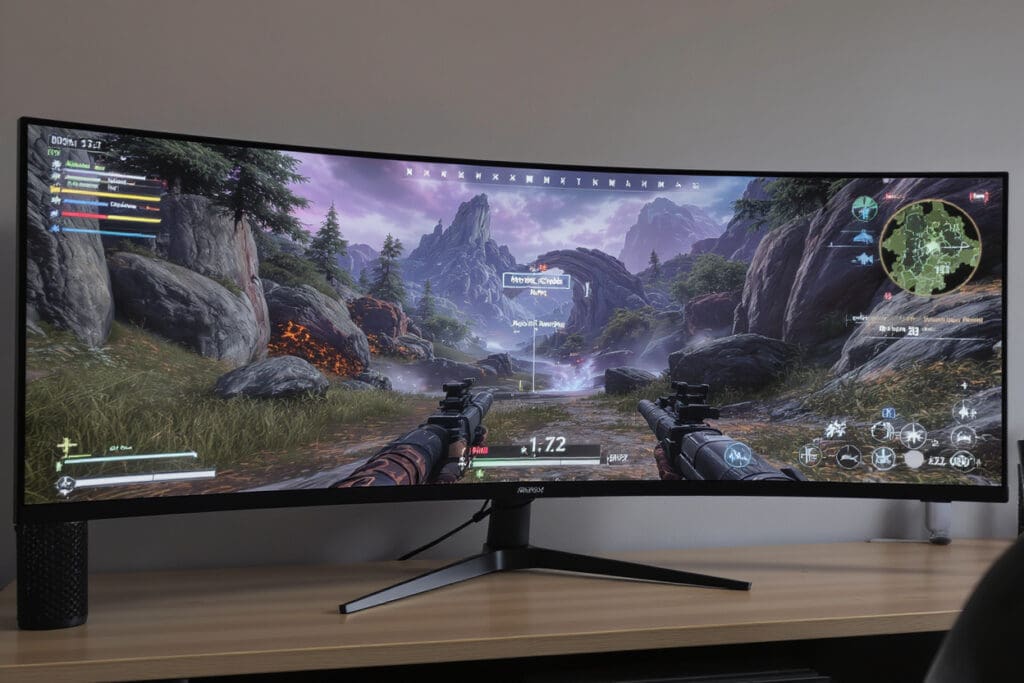 an ultrawide monitor displaying a wide game field of view to break down the facts about 100hz for gaming