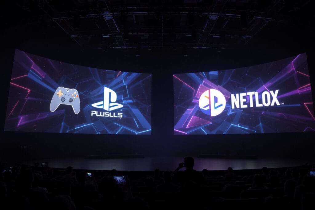 iconic console logos projected onto arena walls representing a head-to-head battle for the best gaming console