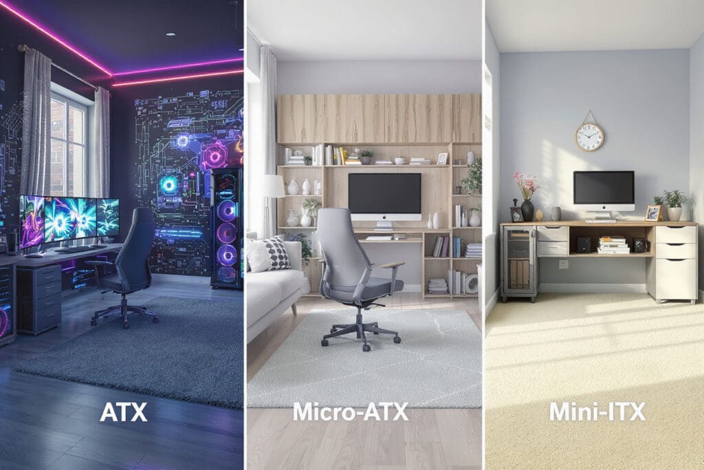 three different room setups each designed for a specific motherboard size illustrating atx vs micro-atx vs mini-itx
