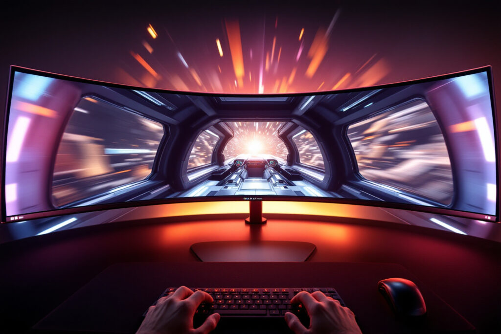 a gamers immersive point-of-view looking at a cockpit on an ultrawide screen answering the question is a curved monitor good for gaming