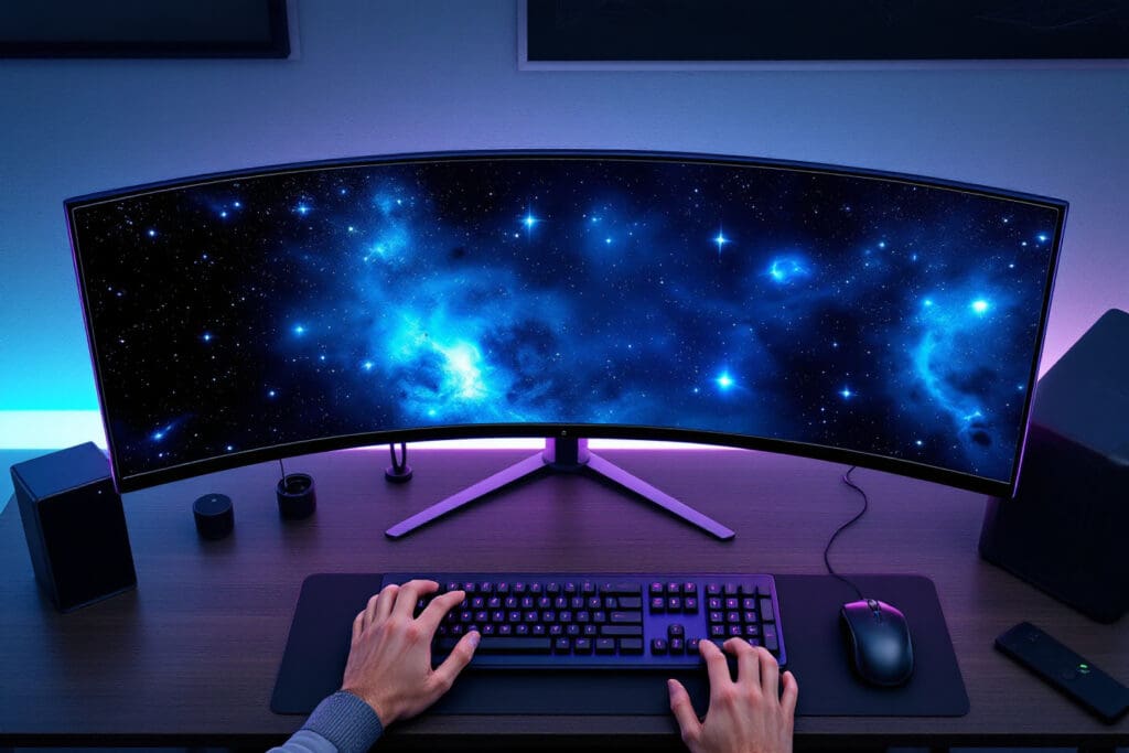 a gamers setup with a curved monitor displaying an expansive space scene illustrating how a curved monitor is good for gaming due to its immersive cocoon effect