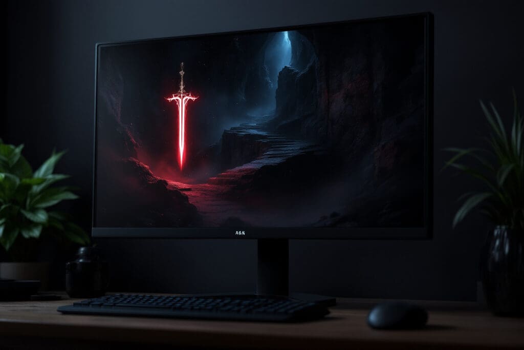 a gaming monitor displaying a dark fantasy scene with exceptionally deep blacks and vibrant contrasting light elements showcasing the benefits of the best monitor panel type for gaming