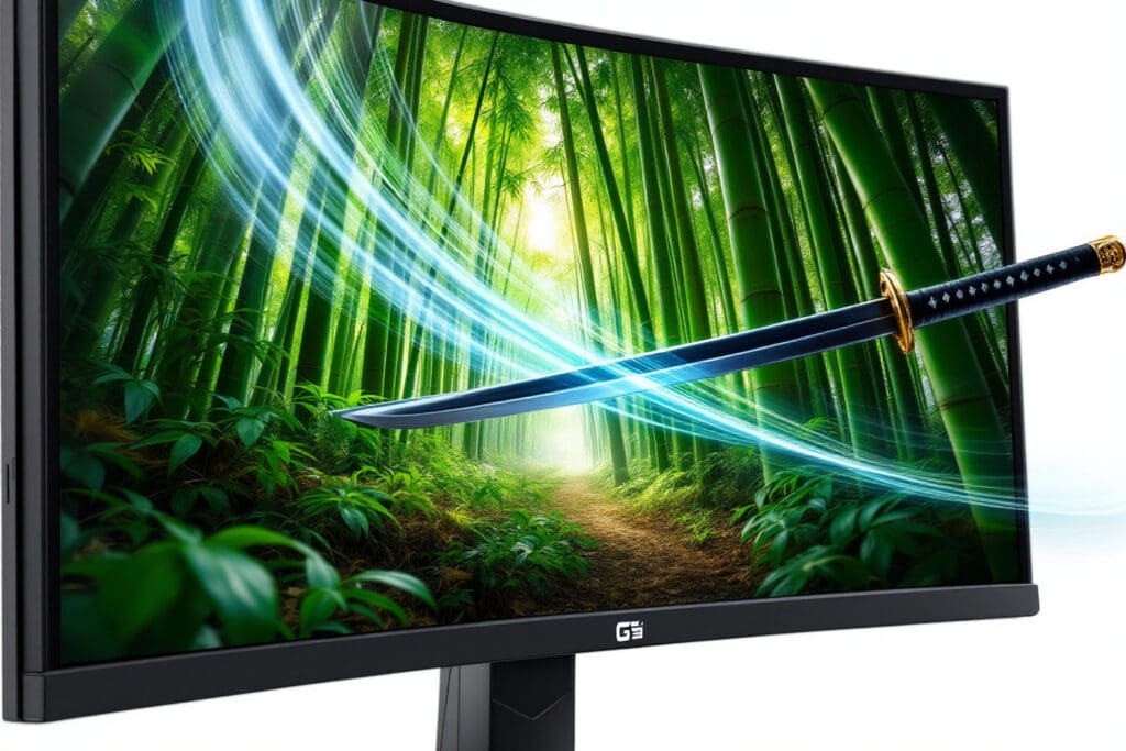 a sharp samurai sword slicing smoothly across a game scene on a monitor without any tears representing the seamless action provided by g-sync